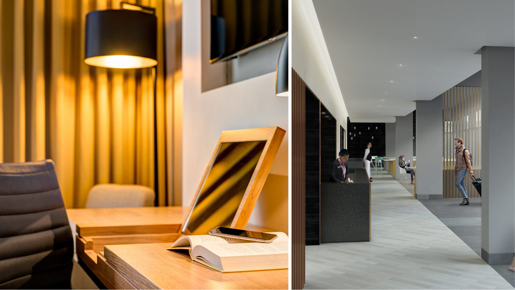 Skrivbord p rum och hotellobbyn p  4-stjrniga Apex hotel i centrala Bath.